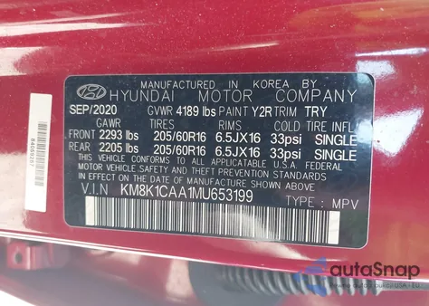 2021 Hyundai Kona Se z USA, uszkodzony, nr VIN KM8K1CAA1MU653199